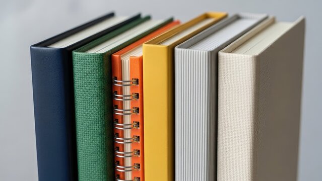 Close-up of stack of colorful hardbound books, spines aligned, various covers