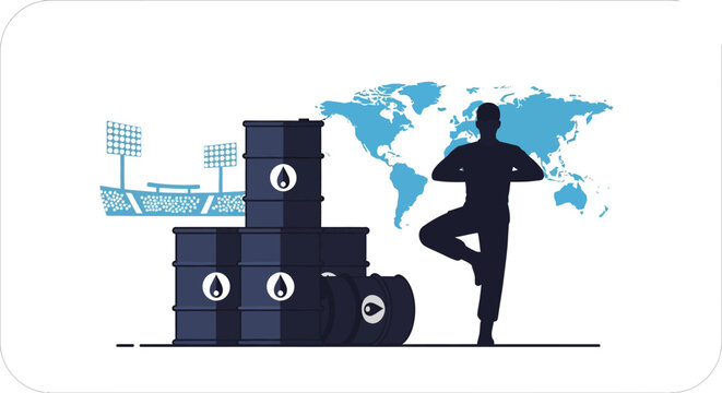 Man standing on one leg with shipping boxes and world map.