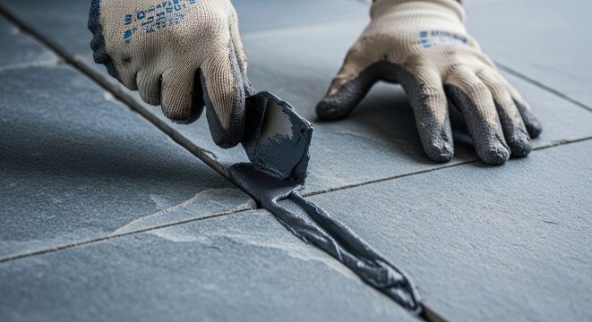 Professional hand grouting dark gray stone tiles with sealant during home renovation project