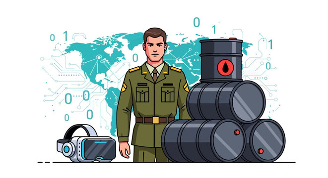 Soldier standing with oil barrels and radio.