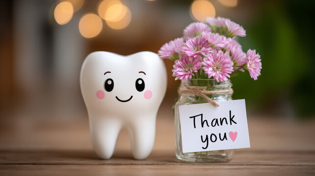Cute tooth character next to jar of flowers and thank you note  