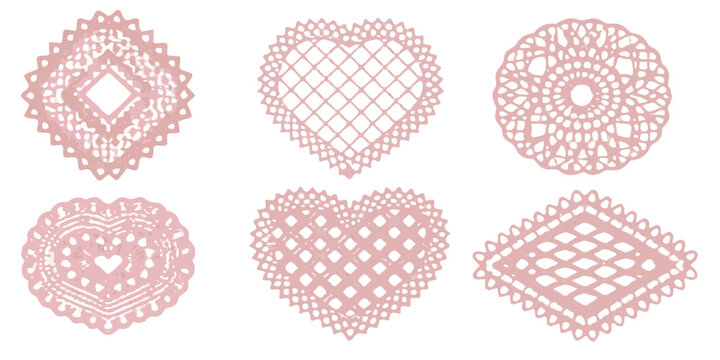 Set of six pink lace heart doilies vector illustration