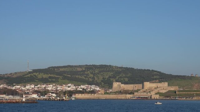 Panoramic View of Bozcaada Island Harbor and Historical Fortress - Coastal Town Landscape of Tenedos on Aegean Sea - Canakkale, Turkey. High quality 4k footage