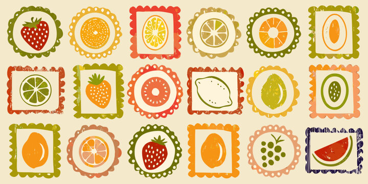 Collection of fruit illustrations in decorative frames vector style