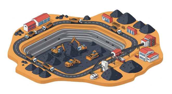 Miniature Coal Mining Operation with Excavators and Trucks.