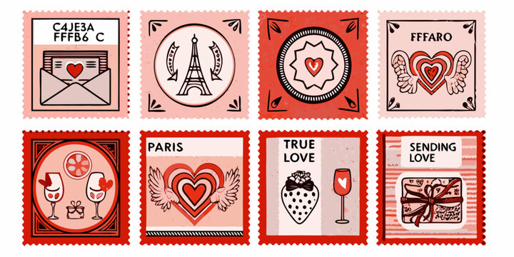 Vintage love themed postage stamps vector illustration red and white