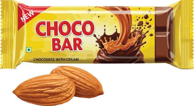 Chocolate bar packaging mockup with creamy chocolate splash and almond nuts realistic sweet snack wrapper vector design