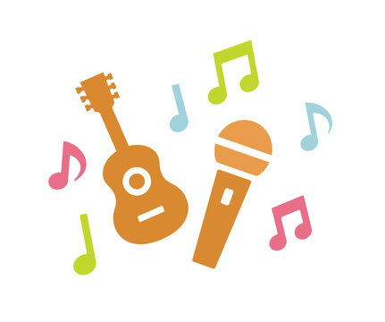 ギターとマイクと音符のカラフルな音楽アイコンイラスト