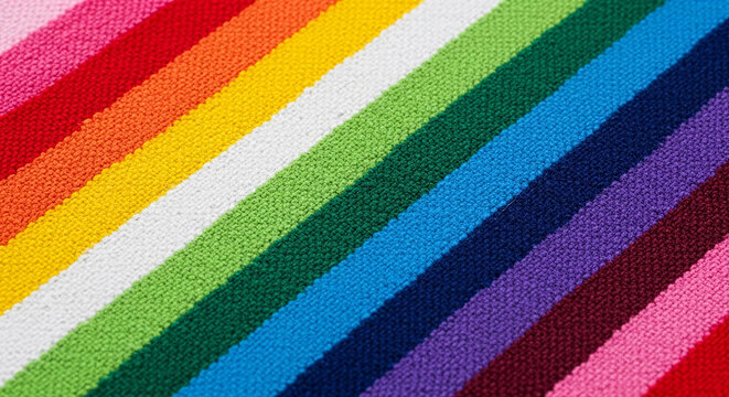 Close-up of colorful terry cloth stripes in a rainbow spectrum, showcasing vibrant texture and pattern, symbolizing joy, diversity, and celebration, ideal for design elements.