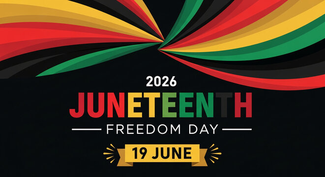 Juneteenth Freedom Day graphic with red, yellow, black, and green stripes radiating outward from a dark background, symbolizing celebration and heritage