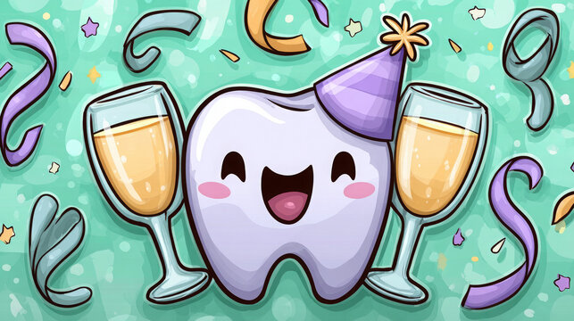 Happy cartoon tooth celebrating with champagne glasses and confetti  