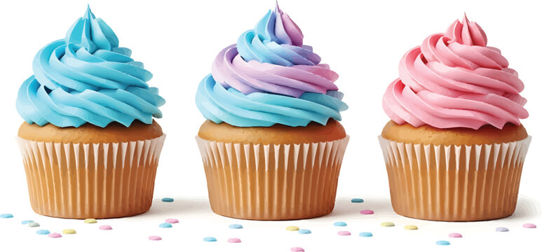 Colorful Cupcakes with Swirled Frosting on White Background
