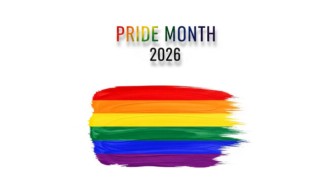 Colorful brush strokes form the Pride flag, with "Pride Month 2026" text, symbolizing diversity, inclusion, and LGBTQ+ celebration, representing identity and equality