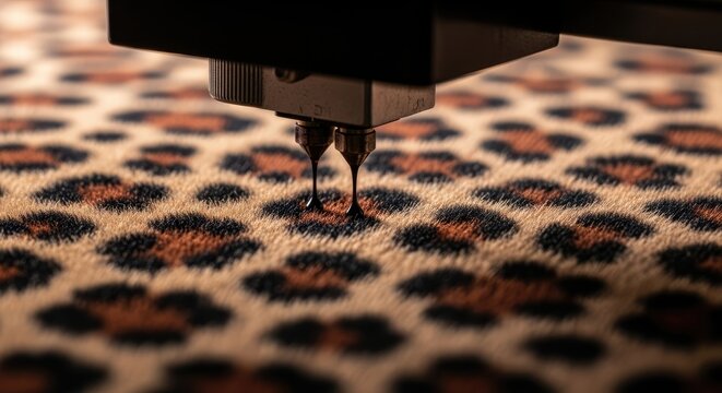 Precision fluid application on luxury leopard pattern fabric in textile production process