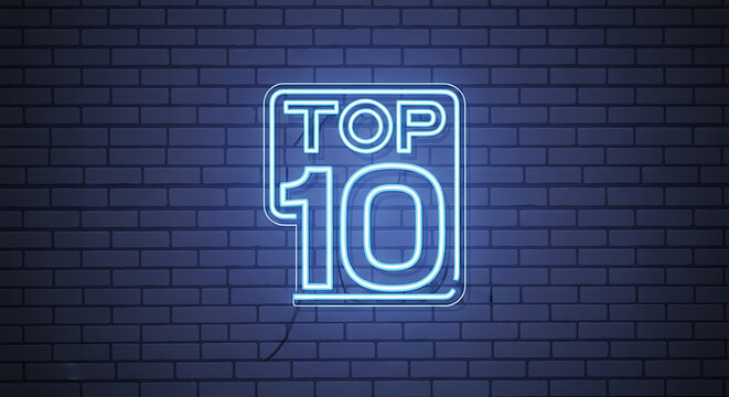 Luminous blue neon sign displaying a ranking list top ten emblem framed by glowing light on a dark brick wall background, vibrant electric billboard vector illustration for countdown concept.