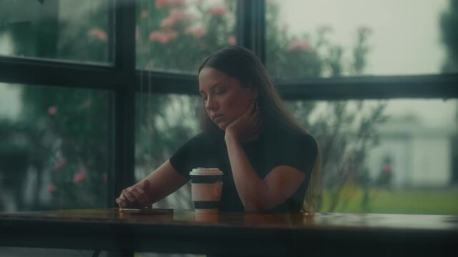 Contemplative Woman Reading Outside. Pensive Young Lady Gazing With Thoughtfulness During Rainy Morning