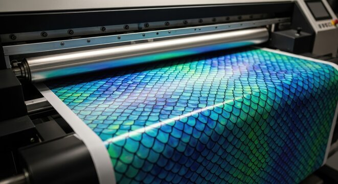 Vibrant blue and green scale pattern printing on a large format industrial digital printer