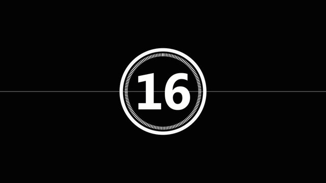 A sleek 20 second black and white countdown timer with bold white numbers on a divided background motion footage.
