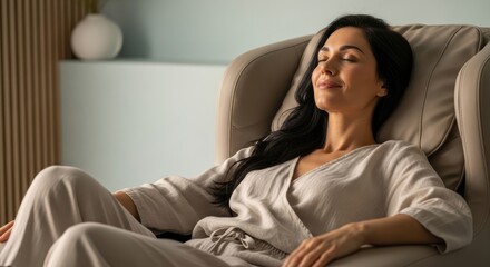 Obraz premium Peaceful woman unwinding comfortably in a modern massage chair, enjoying relaxation and stress