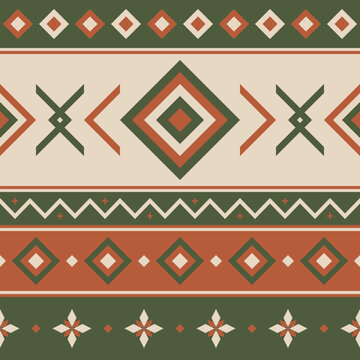 Earth tone geometric ethnic pattern featuring diamond motif and stripe layout. Clean seamless vector design in olive, rust and cream, suitable for fabric, wallpaper and interior decor.
