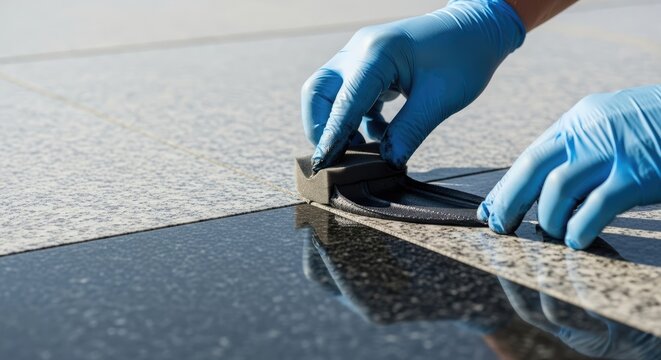 Professional applying joint sealant with blue gloves on two-tone granite tile floor installation