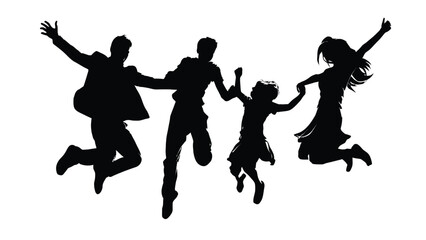 Fototapeta premium A joyful family silhouette parents and children jumping with excitement together