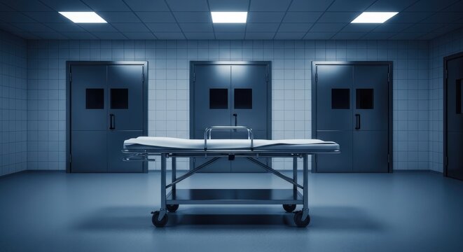 Empty hospital gurney in a mysterious dark medical corridor with bright overhead lights