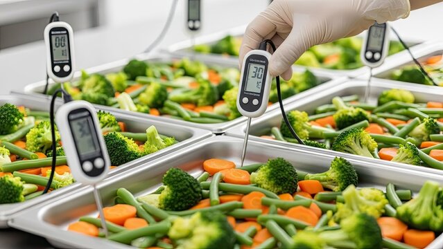 Food Safety: Checking Vegetable Temperature with Digital Thermometer in Catering Trays