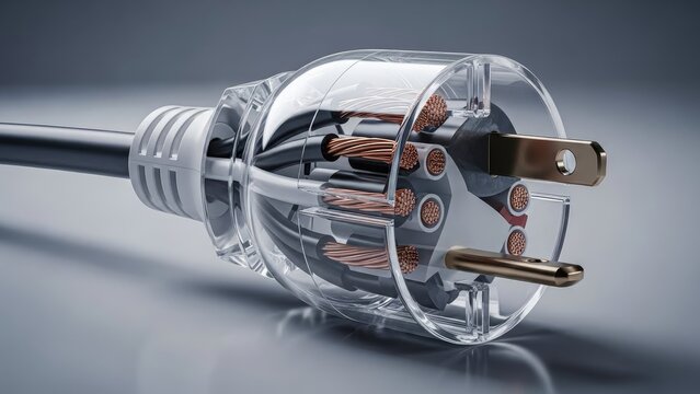Transparent electrical plug showcases internal wiring and prongs