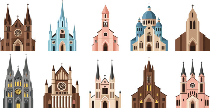 Church building facade collection with cathedral architecture religious temple exterior landmark vector illustration set
