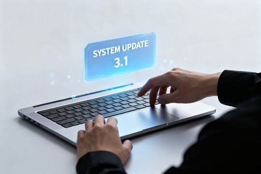 Person using laptop with system update notification