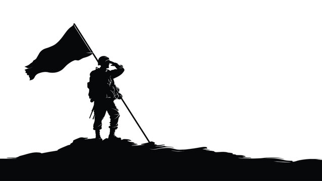 Silhouette of a soldier saluting with a flag waving in the background