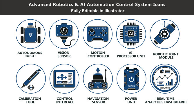 Smart robotics system vector icons set, top view automation elements, autonomous robot, AI processor, vision sensor, control interface CAD design