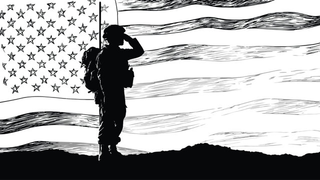 A solemn silhouette of a soldier saluting before the american flag