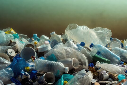 Piled plastic waste, bottles, and bags polluting the environment, close-up, environmental issue