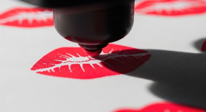 Precision printhead creating bright red lip kiss mark patterns on white fabric surface close-up
