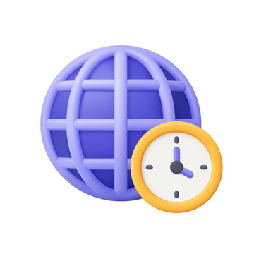 Purple globe and yellow clock. Global time, scheduling, international business, time zones, global communication, deadlines and time management concept. 3d vector icon. Cartoon minimal style.