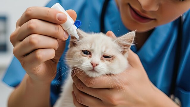 Veterinarian administering eye drops to a sick kitten with conjunctivitis in a clinic.