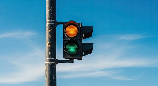 Vibrant orange and green traffic signal illuminating against a bright clear blue sky on a sunny day