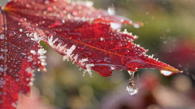 Autumn's Frozen Embrace: A close-up shot of a vibrant red leaf, delicately edged with intricate frost crystals, showcasing nature's exquisite artistry during the season's transition.