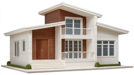 Obraz premium Modern two-story house design with wooden accents, spacious front porch, and large windows showcasing contemporary architectural style and elegance