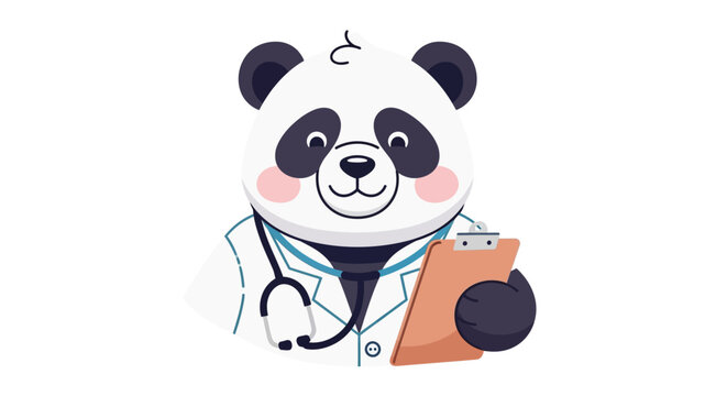 A cartoon panda dressed as a doctor holding a clipboard and stethoscope