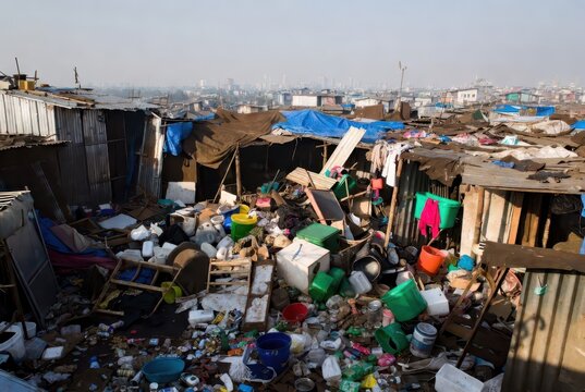 Overcrowded slum with dense housing and vast amounts of waste, urban decay