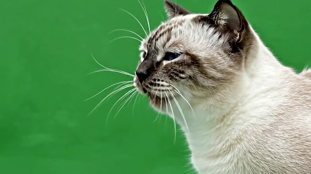 Profile of an Elegant Siamese Cat with Striking Blue Eyes Against a Vivid Green Background