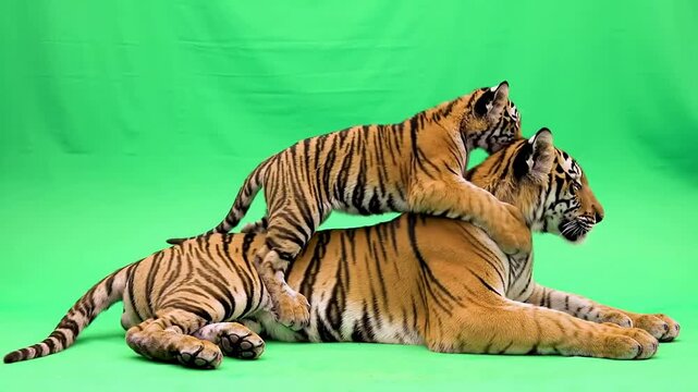 Tiger Cub Playfully Climbing on a Relaxed Adult Tiger Against a Bright Green Background