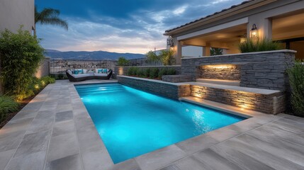 Obraz premium Elegant Outdoor Living Space with Swimming Pool, Cozy Lounge Area, and Beautiful Landscape at Dusk in a Modern Residential Backyard