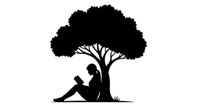A black silhouette illustration for World Book Day depicts a person reading a book under a tree with a minimalist design, conveying a quiet and reflective mood against a clean white