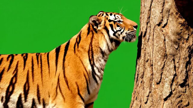 Tiger Scratching a Tree in a Natural Habitat With Vivid Green Background