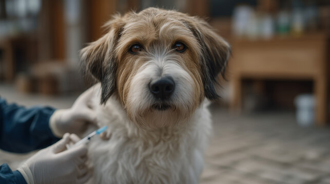 Close-up candid of hands administering subcutaneous insulin injection into loose scruff of elderly diabetic dog, veterinary clinic floor visible below, dog's patient expression captured mid-injectio