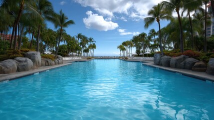 Fototapeta premium Tranquil Resort Pool Surrounded by Lush Palm Trees Under Clear Blue Sky with Gentle Waves in the Distance Perfect for Holiday Retreat